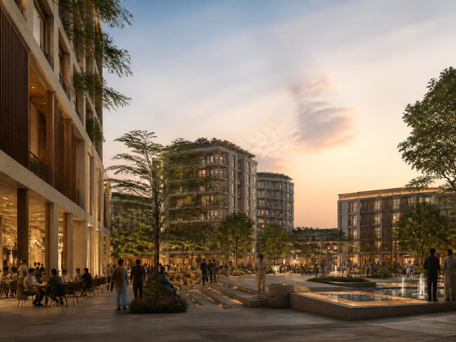 Contemporary Pakistan mixed-use development around a landscaped public square