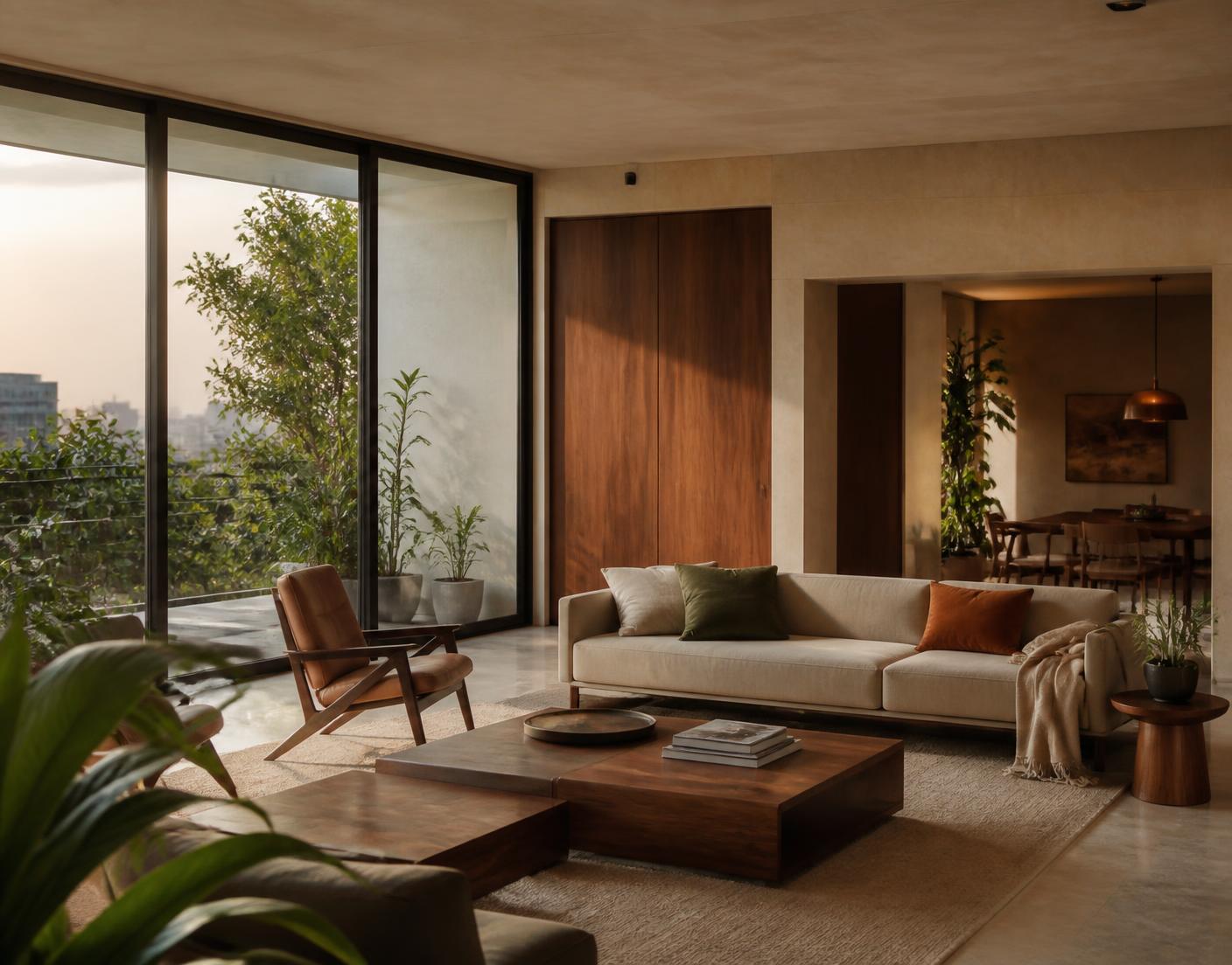 Warm contemporary apartment interior with a planted terrace